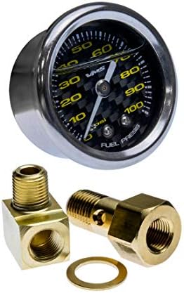 VMS RACING 0-100 PSI Liquid Filled Fuel Pressure Gauge with Adapters Kit in Real Black Carbon Fiber Face Yellow Numbers Compatible with Honda Civic CRX 88-00 1988-2000