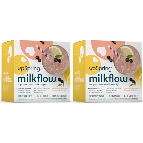Image of UpSpring Milkflow Immune Support Breastfeeding Supplement Drink Mix Fenugreek-Free, Moringa | Elderberry Lemonade Flavor | Lactation Supplement to Support Breast Milk Supply | 2 Pack