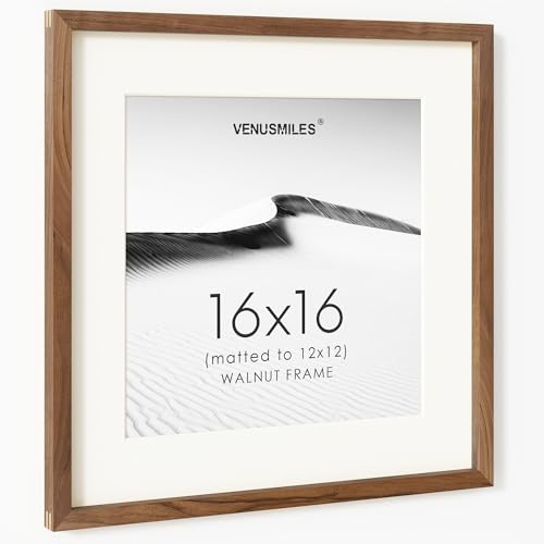 Image of 16x16 Picture Frame, USA-Sourced Natural Walnut Wood Photo Collage Frame with HD Tempered Glass, Modern Simple 16 x 16 Wooden Frame Matted to 12x12, Gallery Wall Frames for Art