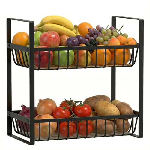 Image of 2 Tier Countertop Fruit and Vegetables Basket | Multipurpose Storage Organize Stand for Kitchen, Dining Table and Bathroom (2 Tier Black)