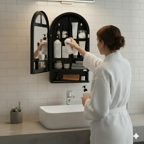 Image of BRANCO Plastic Ideal Mirror Cabinet | Multipurpose Cabinet | Wall Mounted Hanging Mirror Bathroom Accessories | Mirror Cabinet for Living Room, Bathroom, Bedroom (Black)