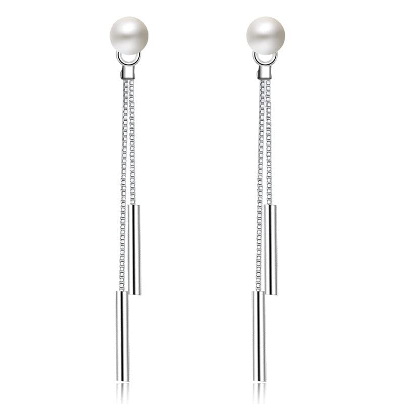 RRomaS Pendientes largos plata 925 con perla y borlas en forma de cilindro,pendientes mujer plata largos,pendientes colgantes,pendiente largo perla plata para fiesta,con caja para regalo.