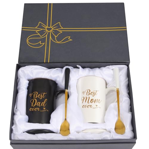 DIDOSJME Mom Dad Gifts Parents Coffee Mug Set Gifts for Mom and Dad from Daughter Son Best Mom Ever & Best Dad Ever Mugs Christmas Birthday Holiday Gift Box with Lids and Spoons 14oz