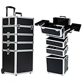 Gdsshuhung Makeup Rolling Train Case - Professional Cosmetics Organizer with Aluminum Frame, Folding Trays & Wheels, Portable for Travel & Studio (Black)