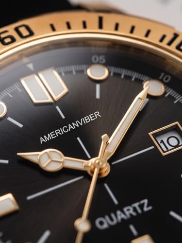 Image of AMERICANVIBER Analog Men's Watch with Date Function | 4D Glass | Stylish Golden Dial | Formal & Smooth | Black Silicone Adjustable Strap