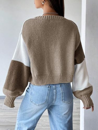 Image of SISKIN Fall Cropped Cardigan Sweaters for Women Lightweight,Color Block Oversized Cardigan Sweater