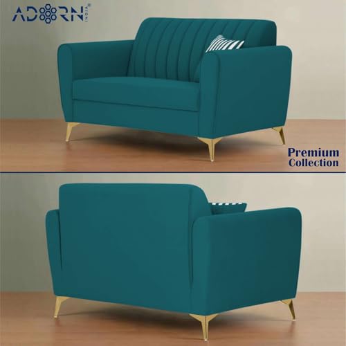 Image of Adorn India Premium Luster 3-2 Sofa Set | Velvet Suede Fabric | 3-Year Warranty | Color Ocean Blue with Golden Legs & Striped Pattern Cushion