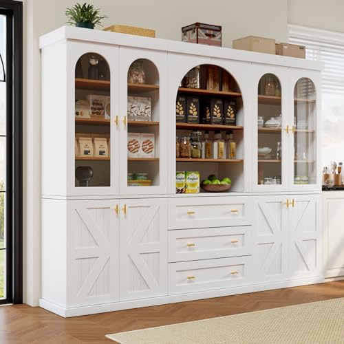 ELMWARDN Farmhouse Kitchen Pantry Cabinet Set of 3, 71-Inch Tall Wood Hutch with Glass Doors, Adjustable Shelves & 3 Drawers, Versatile Storage Cabinet for Dining Room, Living Room, White