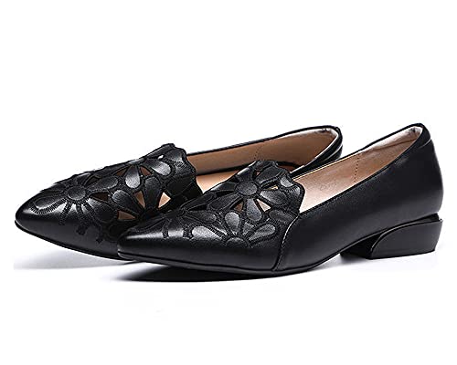 Hee grand Women Heels Loafers Pointed Toe Hollow Embroidered Low-Heel Office Pump for Work Dress Shoesï¼ŒBlack 7.5