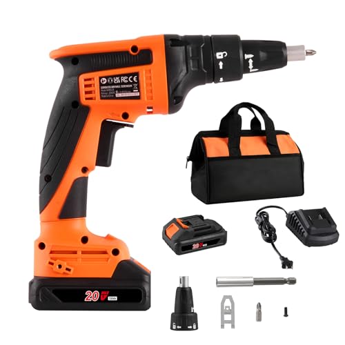 Happybuy Drywall Screw Gun,20V Max Drywall Screwgun,4200RPM Brushless Cordless Drywall Gun Kit with 2 Battery Packs,Charger, Belt Clip, and Tool Bag, Forward and Reverse Adjustable, Built-in LED Light