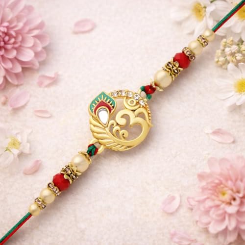 Image of Riddhika Ventures Glorious Gold Plated Auspicious Diamond Ring Rakhi with Roli Chawal and Greeting Card