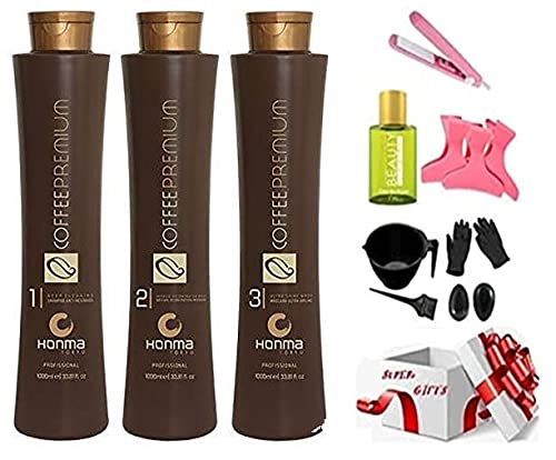 Coffee Premium Progressive Brush Kit 3x1L Honma Tokyo | Brazilian Keratin Treatment | Progressive Brush | Straighening & Smoothing System | Volume Reducer | Free Gifts Worth $30 with this order