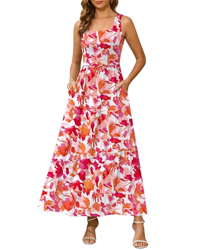 Kranda 2025 Sommerkleid, ärmellos, lang, Strandkleid, quadratischer Ausschnitt, Tanktop, gestuftes Maxikleid mit Taschen, Blumenmuster, Weiß,...