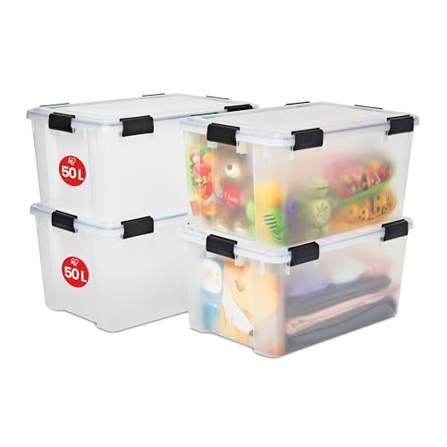 Iris Ohyama, Boite Rangement Hermétique, 50L, Lot de 4, Transparent, Couvercle avec Joint Etanche, 6 Clips de Fermeture, Empilable, pour Exterieur, Garage,...