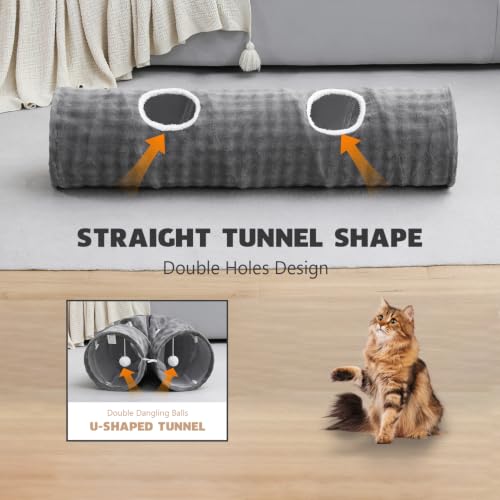 Image of Straight Bubble Cat Tunnel for Indoor Cats 47 inchx12 inch, Grey | Cute Cat Toys, Collapsible Tunnel Tube with Hanging Balls for Puppy Kitten Rabbit