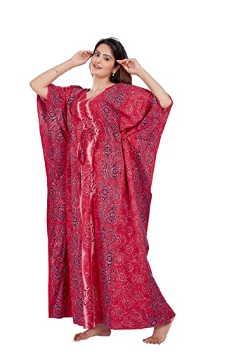 Image of Womens Cotton Hand Dyed Batik Kaftan Nighty With Drawstring Waist | V-Neck Printed Free Size Relaxed Fit Casual Sleepwear Loungewear Nightwear Kaftan Dress Gift (Pink Design)
