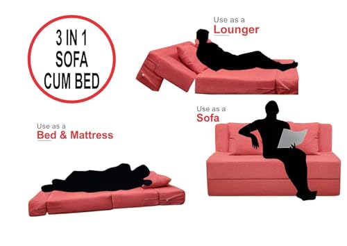 Image of PUM PUM 2-Seater Sofa Cum Bed | EPE Foam Foldable Mattress For Living Room & Guest Use,Peach