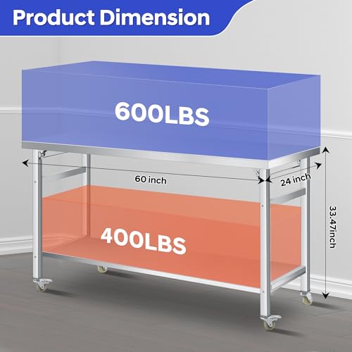 Folding Stainless Steel Table, 60x24 in, Commercial Work Table w/Lockable Casters & Undershelf, Foldable Double-Tier Stainless Steel Workstation for Kitchen, Restaurant, Garage, Camping, Outdoor