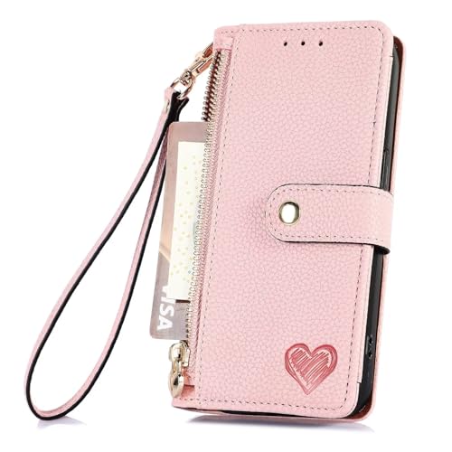 Miagon Cerniera Portafoglio Custodia per iPhone 16 PRO Max Magnetica Cuore Cover Protettiva Libro con 7 Porta Carte Flip Caso con Cinturino da Polso