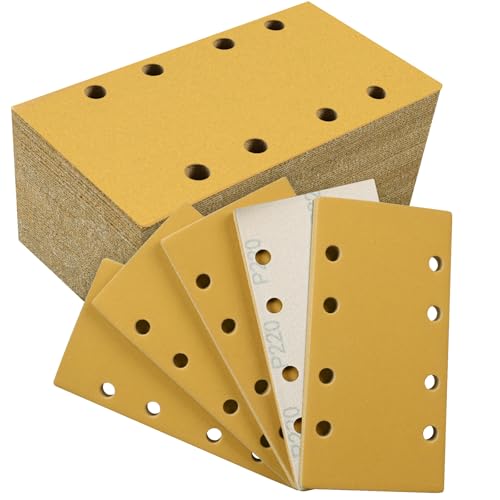 Sruhrak Upgraded Sanding Sheets 93x185mm 8 Hole, 50 Pieces Sandpaper Grits 220 Hook and Loop Sanding Pads Rectangular Sander Paper Set for Bosch Electric Sander Polishing, Rust Removal