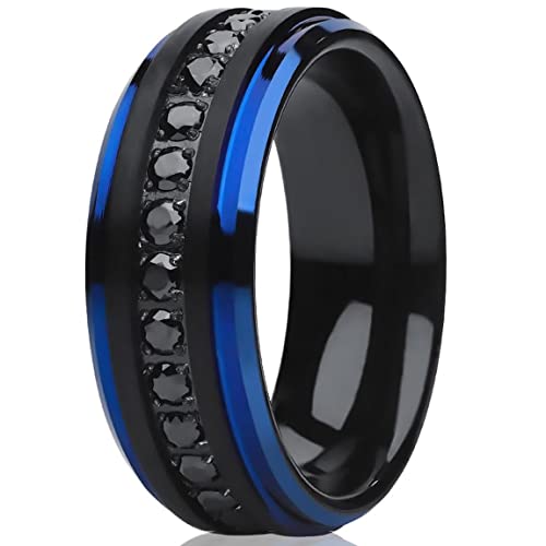 Black Tungsten Carbide Wedding Ring - 8mm Width, CZ Stones, Anniversary & Engagement Ring for Men