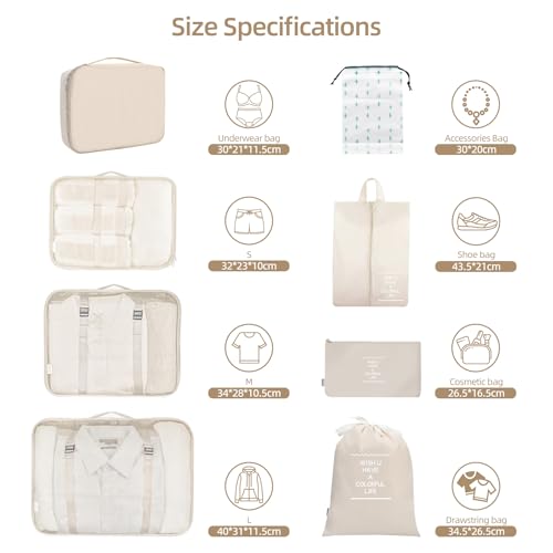 12Pcs Packing Travel Cubes for Suitcase Luggage Organizers with 5 Drawstring Bags,Suitcase Organiser Bag with Waterproof Shoe Storage Bag Compression Pouches Beige - Image 4