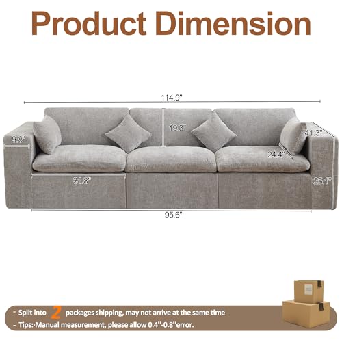Image of 115''Cloud Boneless Sectional Couch, Modular Sectional Sofa Deep Seat, Oversized Upholstered Convertible Comfy 3 Seater Chenille Memory Foam Sofa Couches for Living Room, Light Grey