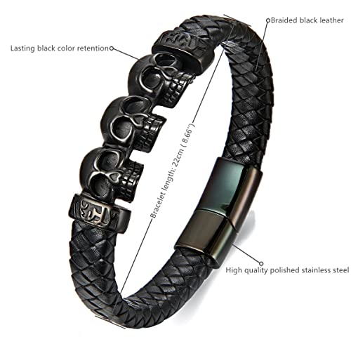 Pulsera trenzada negra con cráneos de acero inoxidable miniatura 2