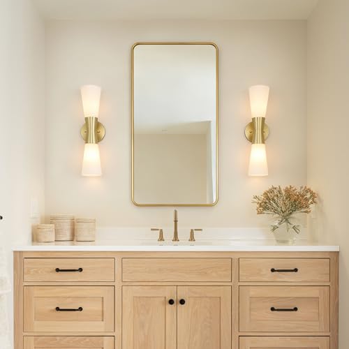 Image of Bathroom Wall Sconce, Modern Indoor Vanity Light Fixtures 17 inch, Up Down Lighting, Wall Mount Lamp for Living Room Bedroom Hallway Stairway Fireplace Mirror E26 Base 1PC White&Gold