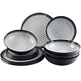 Melamin Geschirrset für 4 Personen Elegante Steingut Optik in weiß grau - 12 teilig - Campinggeschirr - stabil - bruchsicher - leicht abwaschbar - spülmaschinengeeignet - Teller - Schüssel - Camping