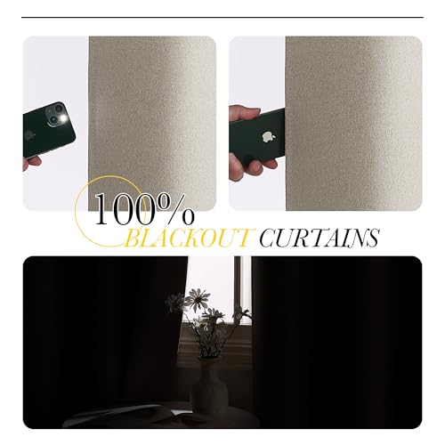 NICETOWN 100% Blackout Linen Curtains 84 inch Long for Bedroom, Double-Side Faux Linen Full Light Blocking Shades for Living Room 2 Panels, Thermal Insulated Farmhouse Drapes, Natural, W52 x L84 in - Image 3