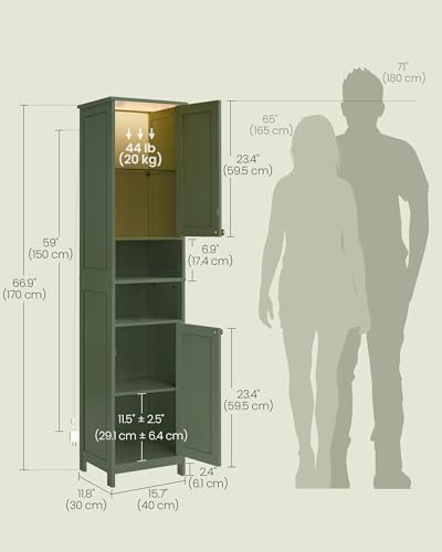 Image of VASAGLE Tall Bathroom Cabinet with Lights, Slim Freestanding Bathroom Storage Cabinet with Adjustable Shelves, for Small Spaces, Modern, 15.7 Inches Wide, Forest Green UBBC766C01