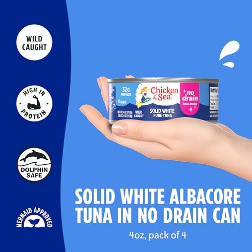 Image of Chicken of the Sea Wild Caught Solid White Pure Albacore, No Drain, 4 oz Cans, 4-Count - High Protein 100% Classic Tuna in No Drain Can for Less Mess - Delicious, Easy, Nutritious Ready to Eat Meals