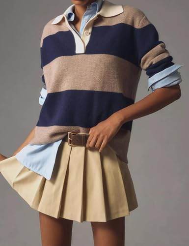 Women’s Rugby Shirt Striped Polo V Neck Long Sleeve Sweater Oversized Fall Sweatshirt Cute Half Button Pullover2