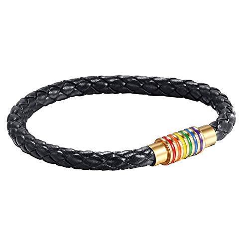 Image of Leather Braided LGBT Rainbow Bangle Bracelet - Gay & Lesbian Pride