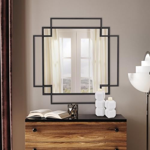 Howard Elliott Collection Square Geo Wall Mirror, Matte Black Metal Frame with Intersecting Geometric Design for Living Room, Entryway, Bedroom and Bathroom Decor, 30.25 x 30.25 Inch