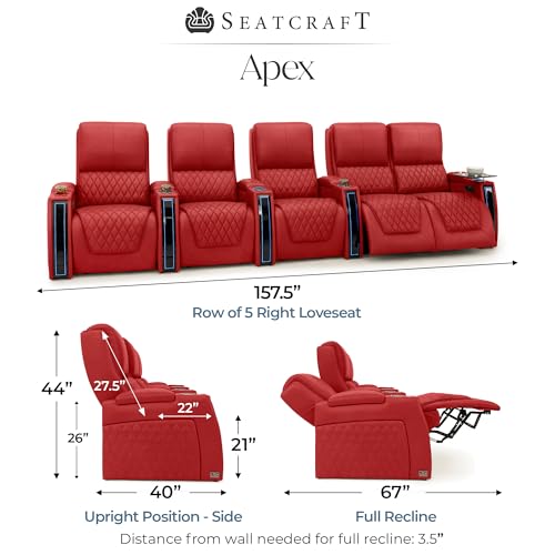 Image of Seatcraft Apex Red Italian Leather Home Theater Seating, Zero Gravity Power Recliner Chair, Powered Headrest and Lumbar Gaming and Lounge Sofa Furniture for Cinema Room, Row of 5 Right Loveseats