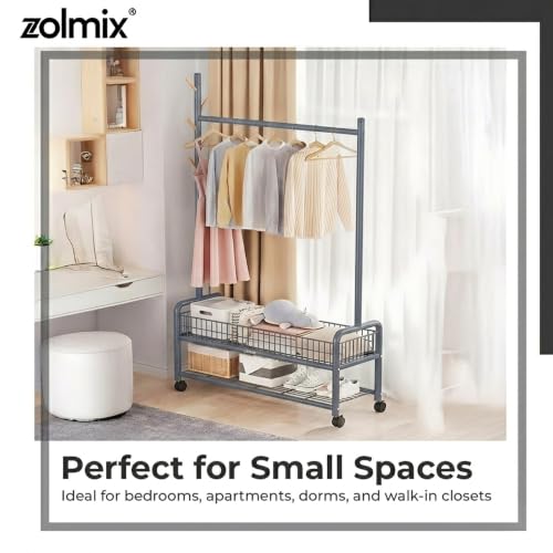Image of ZOLMIX Metal Garment Rack With Wheels & 2 Bottom Mesh Shelves | Clothes Hanging Stand, Coat Hanger Stand For Home, Cloth Rack For Bedroom, Clothing Rack Organizer For Clothes, Bags & Shoes (Grey)