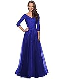 Miao Duo Women's Royal Blue Lace Appliques Long Mother of Bride Dress with Pockets V Neck 3/4 Sleeve Formal Evening Gowns Royal Blue 06