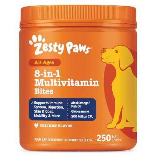 Zesty Paws Dog Vitamins - Dog Multivitamin Chews, Chicken, 250 Ct | Dog Vitamins and Supplements for Hip & Joints, Skin & Coat, Omega 3 Fish Oil for Dogs