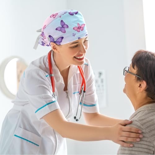 Image of Butterfly Scrub Cap Women with Ponytail & Buttons Adjustable Surgical Nurse Hat with Cotton Sweatband for Long Hair