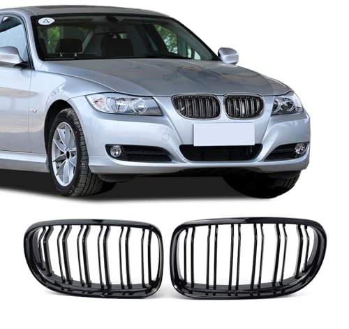 BDBO Front Grille Double Slats Front Grill for BMW E90 328i 318i 320i 323i 325i 330i 335i 2009-2011 - Front Kidney Grille (ABS Glossy Black)