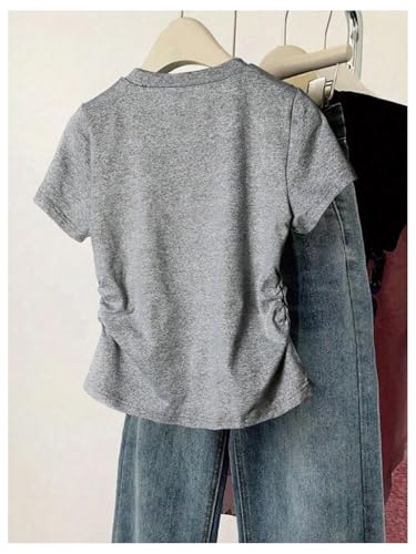 Girl's Cute Sequin Bow Tops Ruched Short Sleeve Crew Neck Slim Fit T Shirts2