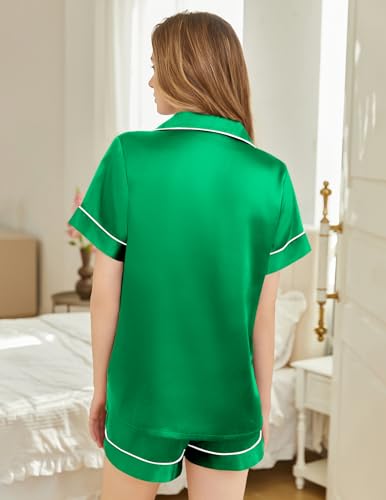 Image of Silk Pajamas for Women Short Sleeve Sleepwear Soft Button Down Loungewear 2 Piece Satin Pjs Shorts Set S-XXL