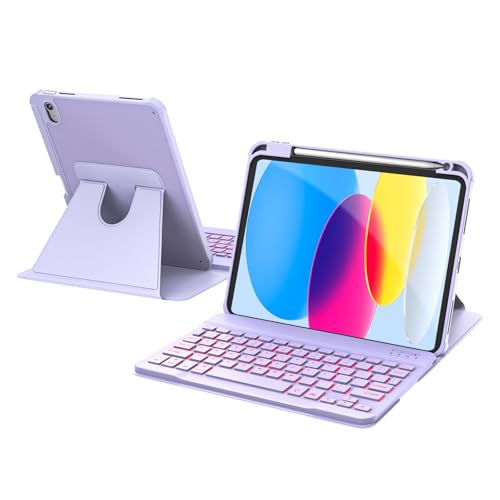 Image of RAYMCRAFT for iPad 11th(A16, 2025) /10th Generation Case with Keyboard, 360 Rotatable Case & Detachable Backlit Keyboard, Precision Cutouts and Pen Holder for iPad A16 11'' /10th 10.9'', Purple