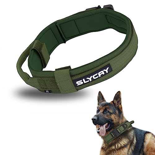 SLYCAY Tactical Dog Collar, Adjustable Heavy Duty Nylon with Metal Buckle, No Pull, Soft Padded, Military Thick, for Medium and Large Dogs