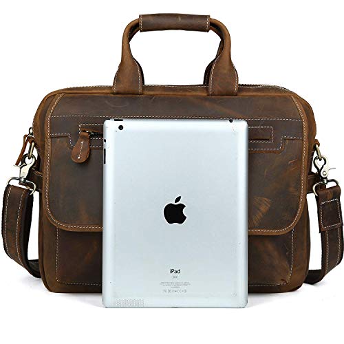 Iswee Leather Briefcase Fit under 16.5" Laptop Tote Shoulder Bag for Men Messenger Satchel Work Case Handbags Crossbody (Dark Brown, Medium)
