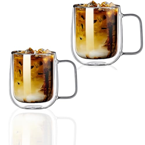NBBENG Lot de 2 tasses à café isothermes en verre borosilicate à double paroi de 250 ml, 1 tasse à café de voyage et de camping pour cappuccino/latte/thé/shots