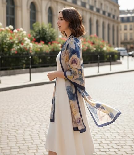 Image of Alexvyan Satin Silk Summer Scarves 180 x 84 cm, Blue Rose Theme with Stitched Border, Lightweight Fashion Scarf for Women Sun Protection Stole