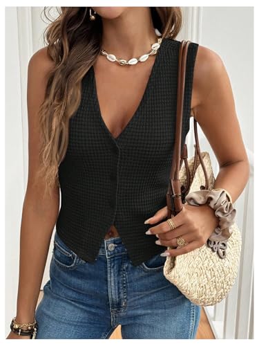 Image of GORGLITTER Women's Sleeveless Knit Sweater Vest Top Dressy Trendy Business Casual Button Up Work Blazer Vests Waistcoat Black Small